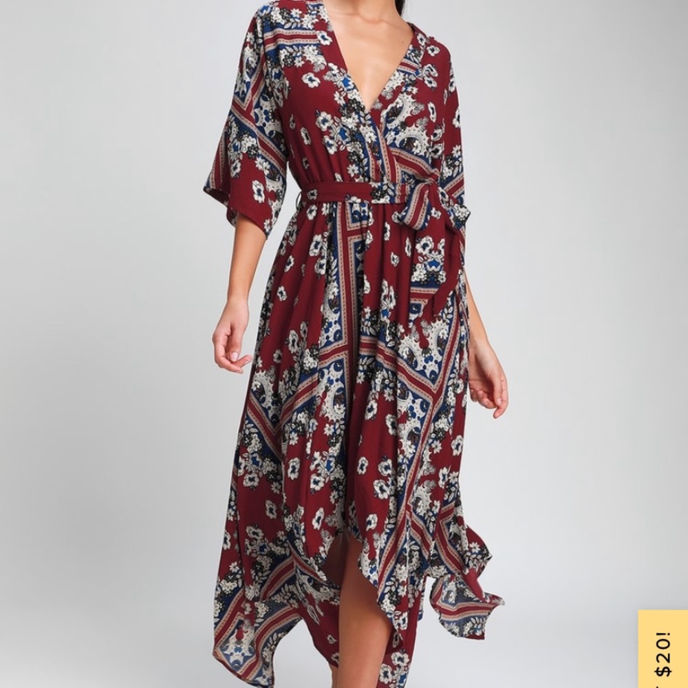 LULUS SMALL MIDI DRESS V NECK PAISLEY BELT BOHO FAIRY WEDDING GUEST FLOWY